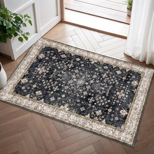 MJGFD Boho Fußmatte Innen Schwarz 60x90cm Teppich Blumen Boho Rutschfester Kurzflor Waschbare Teppiche Kleiner Ultraweicher Vintage Teppich für Wohnzimmer, Schlafzimmer, Kinderzimmer MJGFD Boho Fußmatte Innen Schwarz 60x90cm Teppich Blumen Boho Rutschfester Kurzflor Waschbare Teppiche Kleiner Ultraweicher Vintage Teppich für Wohnzimmer, Schlafzimmer, Kinderzimmer von MJGFD