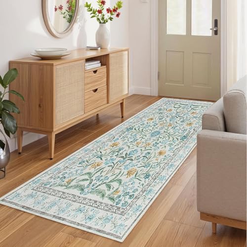MJGFD Fußmatte Teppich Blumen Vintage, Maschinenwaschbarer Teppich, Blau Boho-Blumenmuster, rutschfest, weich, fusselfrei für Wohnzimmer, Schlafzimmer, Kinderzimmer 100 x 160 cm von MJGFD