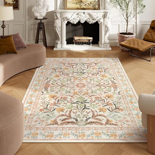 MJGFD Fußmatte Teppich Blumen Vintage, Maschinenwaschbarer Teppich, Hellbraun Boho-Blumenmuster, rutschfest, weich, fusselfrei für Wohnzimmer, Schlafzimmer, Kinderzimmer 140 x 200 cm von MJGFD