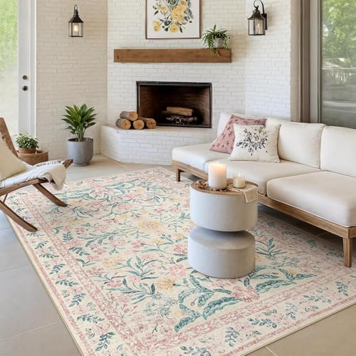 MJGFD Fußmatte Teppich Blumen Vintage, Maschinenwaschbarer Teppich, Rosa Boho-Blumenmuster, rutschfest, weich, fusselfrei für Wohnzimmer, Schlafzimmer, Kinderzimmer 140 x 200 cm MJGFD Fußmatte Teppich Blumen Vintage, Maschinenwaschbarer Teppich, Rosa Boho-Blumenmuster, rutschfest, weich, fusselfrei für Wohnzimmer, Schlafzimmer, Kinderzimmer 140 x 200 cm von MJGFD