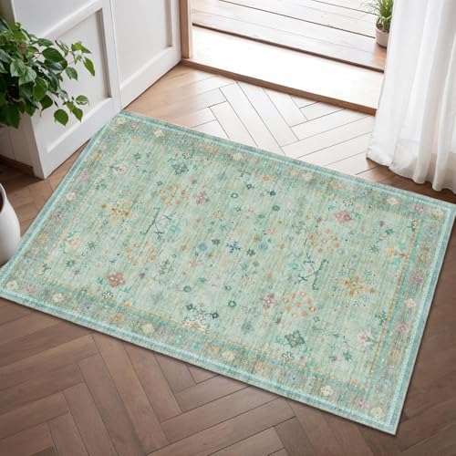 MJGFD Vintage Bettvorleger, 60 * 90cm Grün Waschbare Teppiche mit Blumenmuster, Wohnzimmer rutschfest Retro Kleiner Tepich, Blumen Boho Fussmatte Innen für Eingangsbereich Flur und Badezimmer MJGFD Vintage Bettvorleger, 60 * 90cm Grün Waschbare Teppiche mit Blumenmuster, Wohnzimmer rutschfest Retro Kleiner Tepich, Blumen Boho Fussmatte Innen für Eingangsbereich Flur und Badezimmer von MJGFD