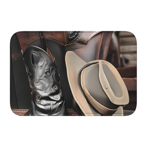 Bodenmatte mit Schlosskante, 40 x 60 MJHKXLJ Cowboyhut, Westernstiefel, bedruckt für WC, Schminktisch, Ferienhaus, Hauptbadezimmer, Kinderzimmer und Gäste-Suite von MJHKXLJ