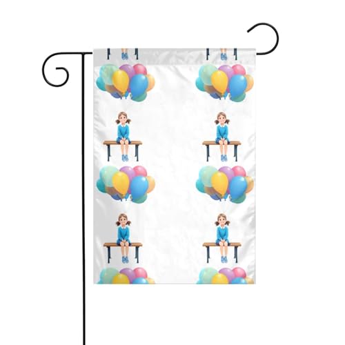 MJHKXLJ Kleine Mädchen und Luftballons auf einer Bank, bedruckte Gartenflagge, Hofdekoration, 30,5 x 45,7 cm, für Garten, Terrasse, Balkon von MJHKXLJ