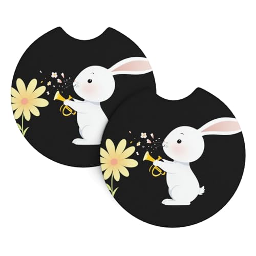 MJHKXLJ Little Rabbit Blowing Trompete Flower Picture Car Coasters 2 Pack - Durable, Waterproof and Stylish Cup Holder Protection von MJHKXLJ