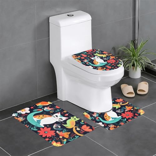 Rutschfeste Bodenmatte, 3er-Set, MJHKXLJ Lustige Katzen, Vögel und Blumen, U-förmige WC-Bodenmatte, fest befestigt, saugfähig und langlebig, dick und bequem von MJHKXLJ