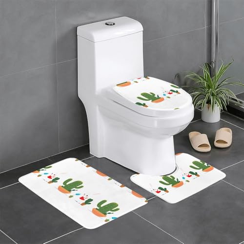 Rutschfeste Bodenmatte, 3er-Set, Motiv: MJHKXLJ Little Rabbit Bewässerung der Kaktus-Drucke, U-förmige WC-Bodenmatte, fest befestigt, saugfähig und langlebig, dick und bequem von MJHKXLJ