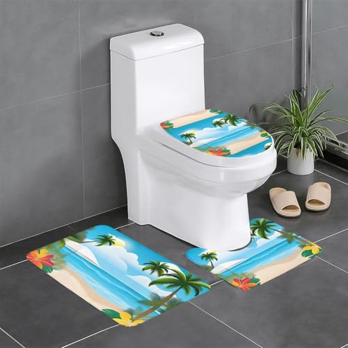 Rutschfeste Bodenmatte, 3er-Set, Motiv: MJHKXLJ tropischer Ozean, Strand, U-förmige WC-Bodenmatte, fest befestigt, saugfähig und langlebig, dick und bequem von MJHKXLJ