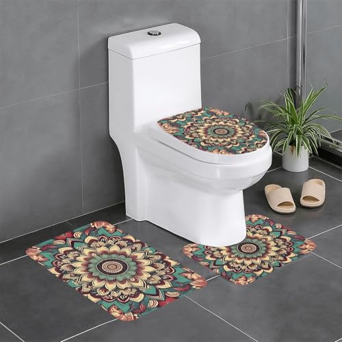 Rutschfeste Bodenmatte 3er-Set MJHKXLJ Vintage Mandala Blumen Drucke U-förmige WC-Bodenmatte, fest befestigt, saugfähig & langlebig, dick & bequem von MJHKXLJ