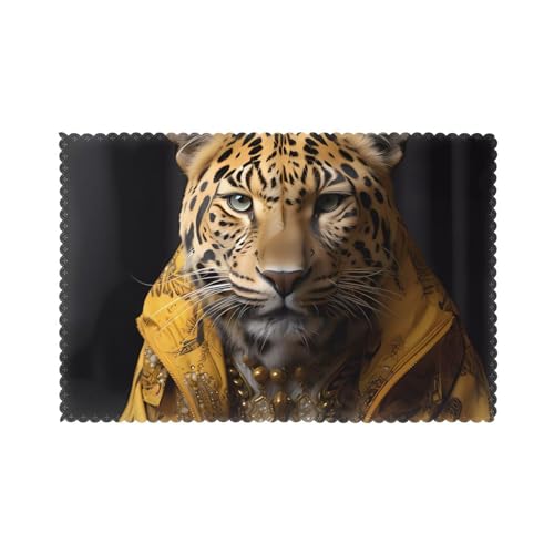 Verleihen Sie Ihrem Esstisch einen Hauch von Eleganz mit MJHKXLJ Leopardenmuster in einer Lederjacke, bedrucktes Platzset, 30,5 x 45,7 cm, 6 Stück von MJHKXLJ