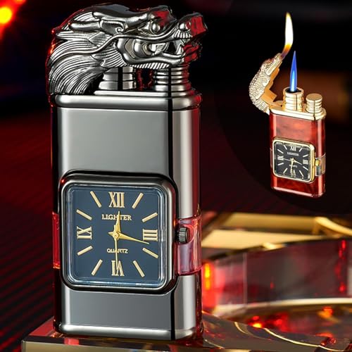 Winddichtes Feuerzeug, Vintage-Uhren-Lünette, Jet-Flammen-Fackel, neues Vintage-Uhren-Feuerzeug, Dual-Flammen-Design, nachfüllbar, Butan, Pferd, Tiger, Drache, Adler, Fackel-Feuerzeuge for den Außenbe von MJHYUGR