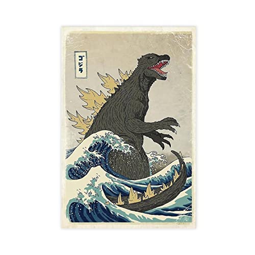 MJKO Godzilla Japan Die große Welle von Kanagawa Malerei Kunst Leinwand Poster Wandkunst Dekor Druck Bild Gemälde für Wohnzimmer Schlafzimmer Dekoration Rahmen Stil 30 x 45 cm von MJKO