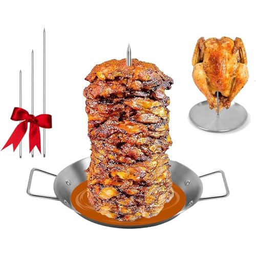 Pfanne mit Spieß, vertikaler Fleischspieß, Edelstahl, vertikaler Grillspieß, Grill mit 3 Ersatzspikes, Kochplatte für Steak, Huhn, Fisch, Kebab (25,4 cm Pfanne mit 3 Spießen) von MJLOMJ