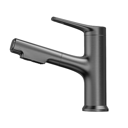 Badezimmer-Waschbeckenhahn mit ausziehbarer Brause, 2 Wasserflussmodi, Einhebel-Waschbeckenhahn für heißes und kaltes Wasser, Waschtischhahn mit Brause (Chrom) (Grau) von MJMLUCK