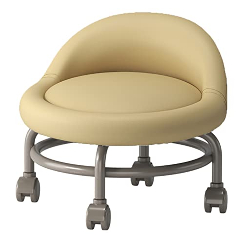 Gelber niedriger Rollhocker mit Rad und Rückenlehne – Fußhocker, kurzer Rollfußhocker auf Rädern mit universeller Lenkrolle, PU-Leder – perfekt für vielseitigen Einsatz und Mobili von MJMLUCK