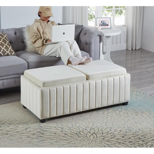 MJMLUCK 45 Inch Wide Contemporary Square Storage Ottoman Bench | Coffee Tray Ottoman | Living Room & Bedroom Furniture | Beige Velvet von MJMLUCK