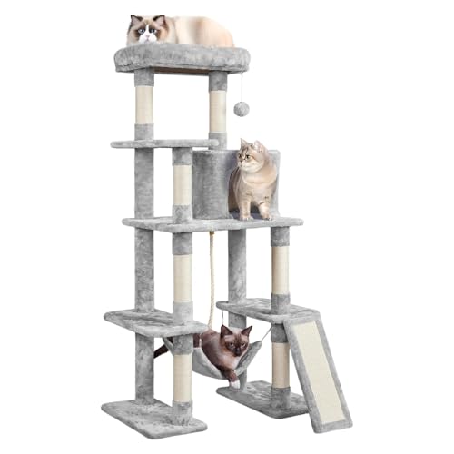 MJMLUCK 63 Zoll großer mehrstöckiger Kratzbaumturm, Kratzbaum mit Sisal-überzogenen Kratzbäumen, Katzenhaus, Hängematte, baumelndem Ball und erweiterter Plattform zum Spielen und Schlafen von MJMLUCK