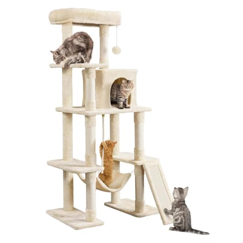 MJMLUCK 63 Zoll großer mehrstöckiger Kratzbaumturm, Kratzbaum mit Sisal-überzogenen Kratzbäumen, Katzenhaus, Hängematte, baumelndem Ball und erweiterter Plattform zum Spielen und Schlafen von MJMLUCK