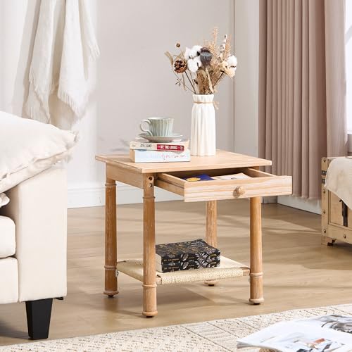 MJMLUCK Beistelltisch im Landhausstil mit Schublade und Regal aus gewebtem Seil – Nachttisch in Naturholzfarbe für Wohnzimmer oder Schlafzimmercouch (Naturfarbe) von MJMLUCK