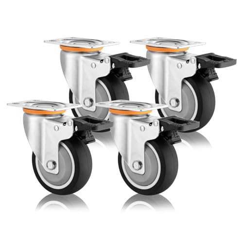 MJMLUCK Hochleistungs-Industrie-Lenkrollen, 3 Zoll, 4 Zoll, 5 Zoll, Plattenrollen, 4er-Set, doppelt verriegelbar, geräuschlose thermoplastische Gummi-Lenkrollen, für Wagen, Möbel, Werkbänke (Drehgel von MJMLUCK