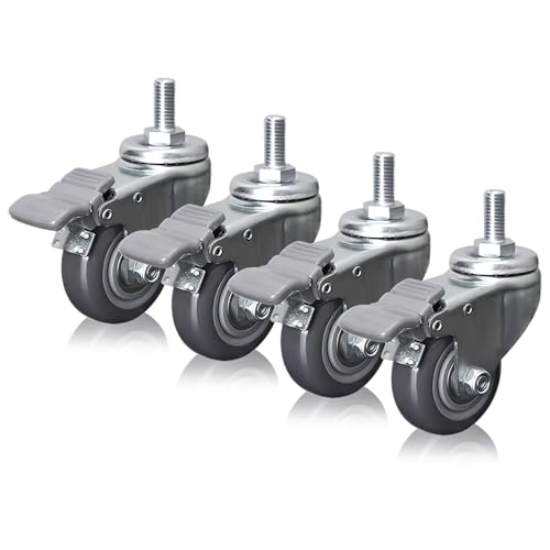MJMLUCK Hochleistungs-Industrie-Lenkrollen, 6,35 cm, 7,65 cm, 10,24 cm, 4er-Pack, Lenkrollen mit M12-Gewindeschaft für Möbel, geräuschlose Polyurethan-Rolle mit Bremsen (Bremse 63 mm) von MJMLUCK