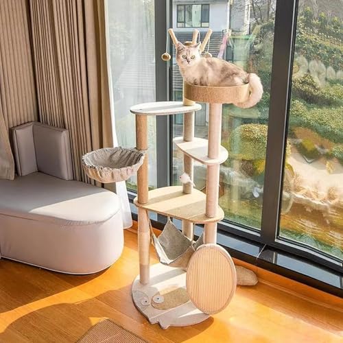MJMLUCK Katzenbaum für Hauskatzen, großes Holz, Katzenturm, 5-stufiger großer Katzenbaum vom Boden bis zur Decke mit Kratzbaum, Sitzstange, Hängematte, hängendem Katzenbett MJMLUCK Katzenbaum für Hauskatzen, großes Holz, Katzenturm, 5-stufiger großer Katzenbaum vom Boden bis zur Decke mit Kratzbaum, Sitzstange, Hängematte, hängendem Katzenbett von MJMLUCK