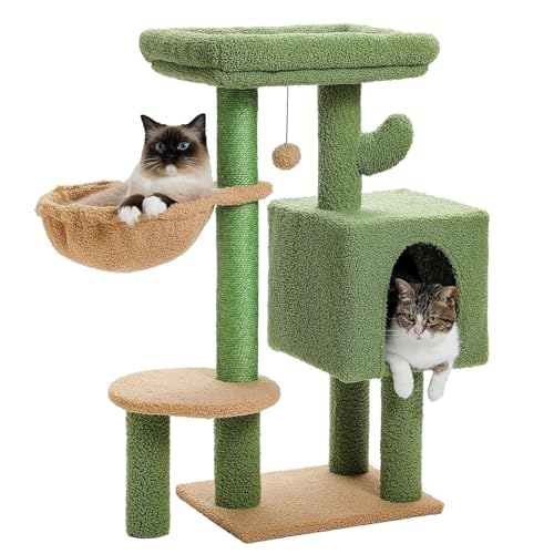 MJMLUCK Katzenhaus für Hauskatzen, Kaktus-Kratzbaum mit Hängematte, mehrstöckiger Katzenturm mit Sisal-Kratzbaum, gepolsterter Sitzstange Oben, bequemer Hängematte und baumelnden Bällen fü MJMLUCK Katzenhaus für Hauskatzen, Kaktus-Kratzbaum mit Hängematte, mehrstöckiger Katzenturm mit Sisal-Kratzbaum, gepolsterter Sitzstange Oben, bequemer Hängematte und baumelnden Bällen fü von MJMLUCK