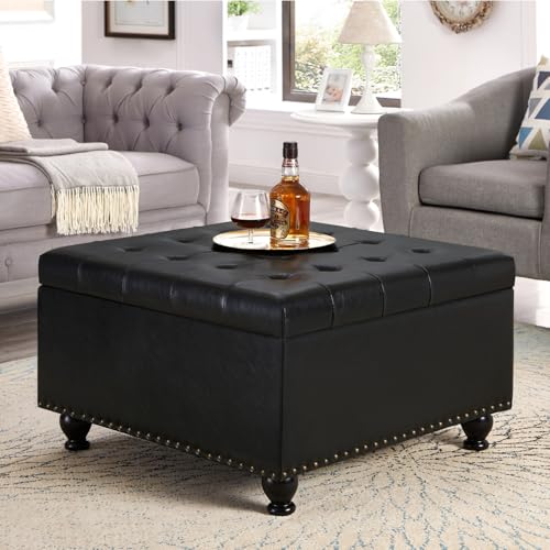 MJMLUCK Large Square Storage Ottoman with Wooden Legs, Upholstered Button Tufted Coffee Table with Nail Trims for Living Space, Black MJMLUCK Large Square Storage Ottoman with Wooden Legs, Upholstered Button Tufted Coffee Table with Nail Trims for Living Space, Black von MJMLUCK