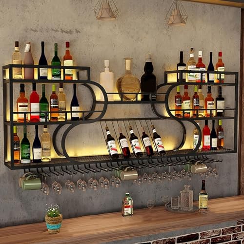 MJMLUCK Modernes, wandmontiertes Weinregal mit Glashalter, Eisenstangenregale mit LED-Licht, multifunktionales Aufbewahrungs- und Präsentationsregal für Weinflaschen, Weinglas-Wandregal fü von MJMLUCK