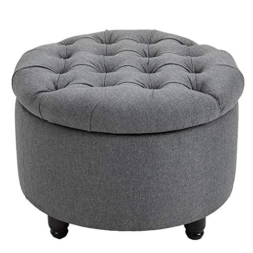 MJMLUCK Round Linen-Touch Fabric Storage Ottoman with Removable Lid & Ample Hidden Storage - Vintage Button Tufted Footstool for Living Room Bedroom (Grey) von MJMLUCK