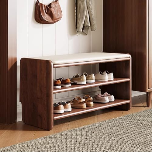 MJMLUCK Schuhhocker aus Massivholz zum Umziehen, Schuhregalbank für den Haushalt, Eingangsbank mit Lederkissen, für Schlafzimmer, Wohnzimmer, Balkon (Natur, 100 cm) (Braun 80 cm) von MJMLUCK