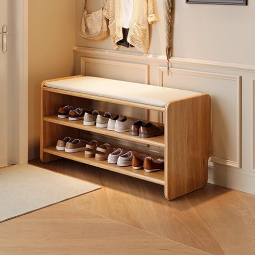 MJMLUCK Schuhhocker zum Umziehen aus Massivholz, Schuhregalbank für den Haushalt, Eingangsbank mit Lederkissen, für Schlafzimmer, Wohnzimmer, Balkon (Natur, 100 cm) (Natur 60 cm) von MJMLUCK