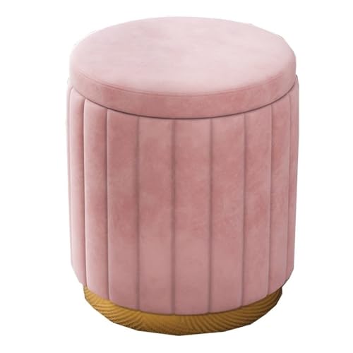 Runder Ottoman mit Stauraum, Ankleidehocker mit Aufbewahrungsfunktion und Metallfuß, Fußhocker aus Samt mit gepolsterter Sitzfläche für Wohnzimmer, Schlafzimmer (Weiß) (Rosa, Einhe von MJMLUCK