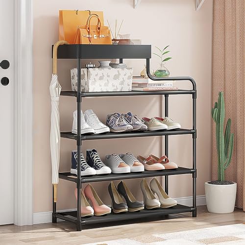 Schuhregal mit 4/5 Ebenen, mit Fach und Ablage, platzsparende Aufbewahrung für Schuhe, freistehender Lagerschrank mit Metallrahmen, für Eingangsbereich, Flur, Schlafzimmer (Schwar Schuhregal mit 4/5 Ebenen, mit Fach und Ablage, platzsparende Aufbewahrung für Schuhe, freistehender Lagerschrank mit Metallrahmen, für Eingangsbereich, Flur, Schlafzimmer (Schwar von MJMLUCK