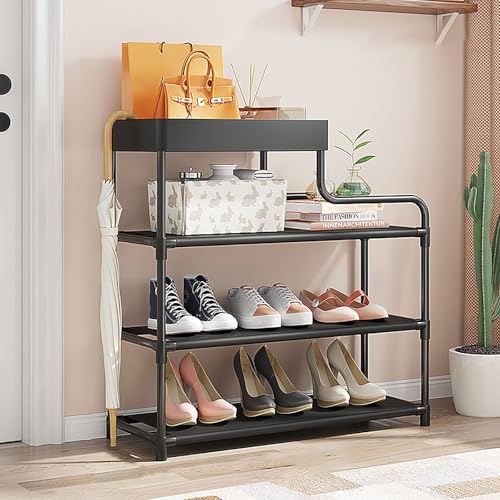 Schuhregal mit 4/5 Ebenen, mit Fach und Ablage, platzsparende Aufbewahrung für Schuhe, freistehender Lagerschrank mit Metallrahmen, für Eingangsbereich, Flur, Schlafzimmer (Schwar Schuhregal mit 4/5 Ebenen, mit Fach und Ablage, platzsparende Aufbewahrung für Schuhe, freistehender Lagerschrank mit Metallrahmen, für Eingangsbereich, Flur, Schlafzimmer (Schwar von MJMLUCK