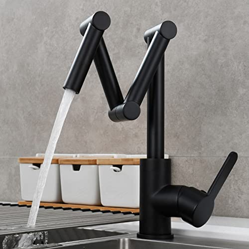 Topffüller, klappbarer Küchenhahn aus Messing mit drei Schwenkarmen, Einloch-Spülbecken-Einhebelmischer für kalte und heiße Speisen, Schwarz (gebürstetes Nickel) ( von MJMLUCK