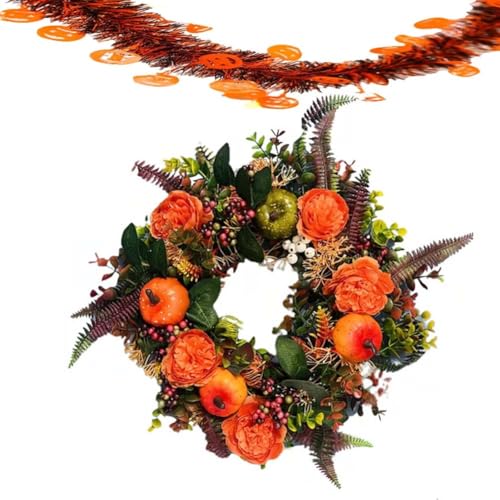 Herbstkranz Mit Pfingstrosen Und Kürbis – Kranz Für Das Ganze Jahr, Rustikale Herbstdekoration Im Landhausstil Für Die Haustür, Ganzjähriger Türhänger Aus Kunstblumen(19.69 in) von MJOYIS