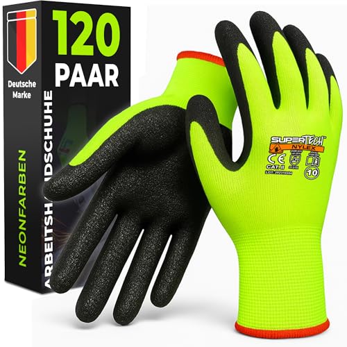 MK-Glove Reflektierende Arbeitshandschuhe Herren mit Rauh Latexbeschichtung (120 Paar) - Schutzhandschuhe für Baustelle und Werkstatt - Strapazierfähige Gartenhandschuhe - 10 - XL - Neon von MK-Glove