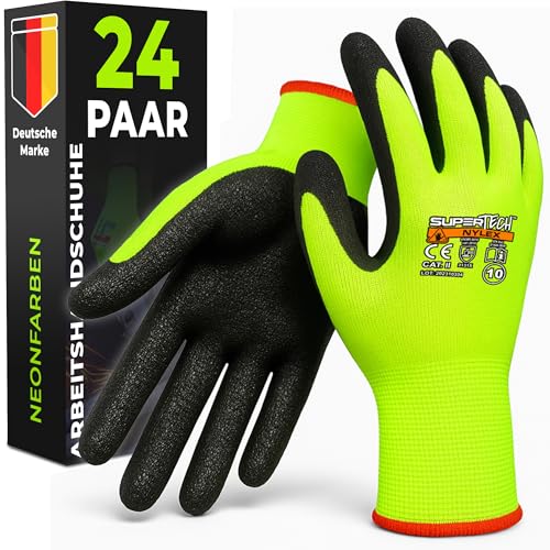 MK-Glove Reflektierende Arbeitshandschuhe Herren mit Rauh Latexbeschichtung (24 Paar) - Schutzhandschuhe für Baustelle und Werkstatt - Strapazierfähige Gartenhandschuhe - 9 - L - Neon von MK-Glove