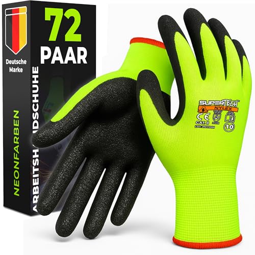 MK-Glove Reflektierende Arbeitshandschuhe Herren mit Rauh Latexbeschichtung (72 Paar) - Schutzhandschuhe für Baustelle und Werkstatt - Strapazierfähige Gartenhandschuhe - 11 - XXL - Neon von MK-Glove