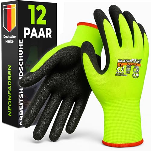 MK-Glove Reflektierende Arbeitshandschuhe Herren mit Rauh Latexbeschichtung (12 Paar) - Schutzhandschuhe für Baustelle und Werkstatt - Strapazierfähige Gartenhandschuhe - 9 - L - Neon von MK-Glove