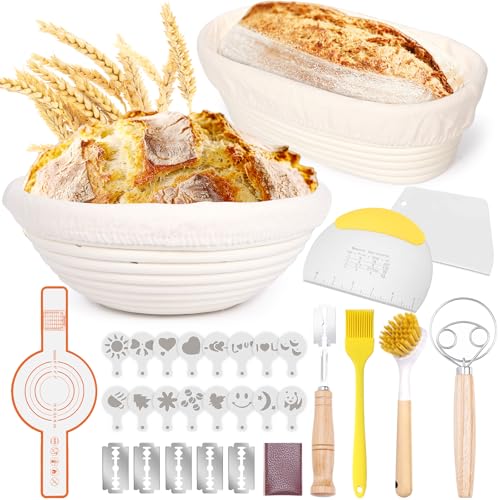 MKAKYES Gärkorb Brot Set, 10-teilig Sauerteig Starter Set, Gärkörbchen zum Brotbacken, 25cm Runde+23cm Ovale, Brot Backen Zubehör, mit Bürste, Der Schaber und Leinenbezug,für Brotback-Anfänger Profis von MKAKYES