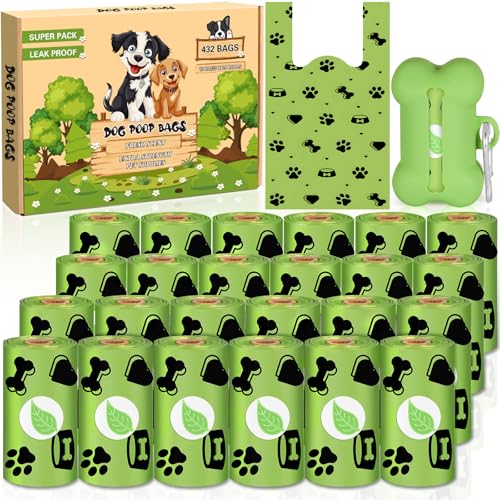 MKAKYES Hundekotbeutel, 432 Stück Kotbeutel für Hunde mit Kotbeutelspender, 14 x 34 cm Auslaufsichere Hundebeutel, Kotbeutel mit Leichter Zitronenduft, Wasserdicht, Reißfest, Stark, Grün von MKAKYES