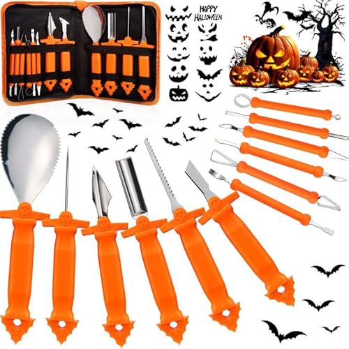 MKAKYES Kürbis Schnitzset, 12 Stück Kürbis Schnitzen Set, Edelstahl Kürbis Schnitzwerkzeuge mit Tragetasche und 10 Vorlagen, DIY Kürbis Halloween Dekoration für Kinder & Erwachsene von MKAKYES