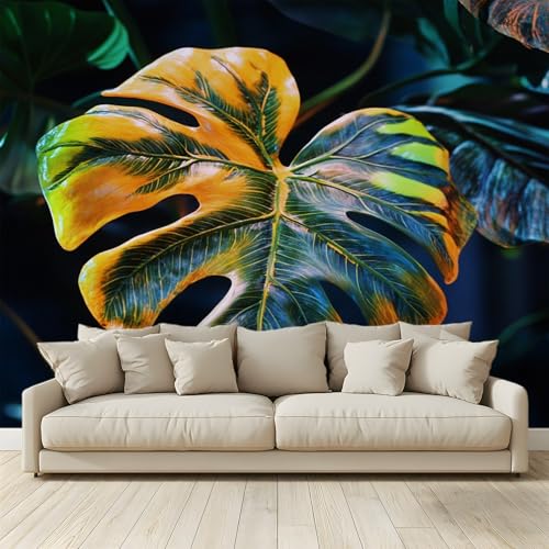 Fototapete Monstera-Blätter Wohnzimmer Schlafzimmer Wandtapete Vlies Tapete 200 (B) x 140 (H) cm, Gedrucktes Wandbild UV-Beständig Geruchsfrei von MKBKLI