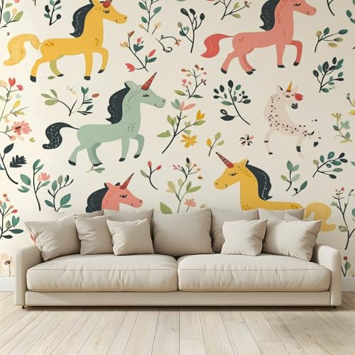 Fototapete Tierische Einhornpflanzen im schlichten Stil Wohnzimmer Schlafzimmer Wandtapete Vlies Tapete 400 (B) x 280 (H) cm, Gedrucktes Wandbild UV-Beständig Geruchsfrei von MKBKLI