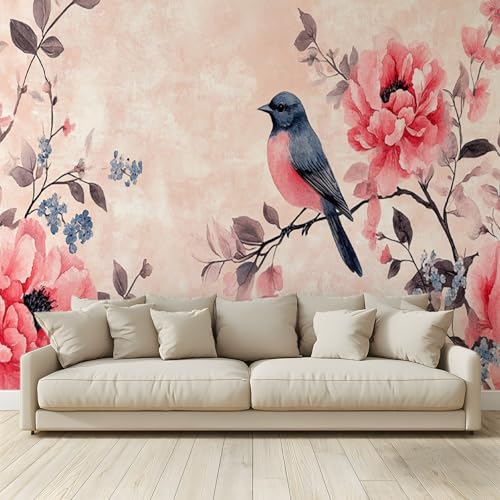 MKBKLI Benutzerdefinierte Wandbild Tapete Äste Vögel Pfingstrosen rosa Fresko Thema Hotel Hochzeit Hintergrund Wand Dekor Foto 400 (B) x 280 (H) cm A45 von MKBKLI