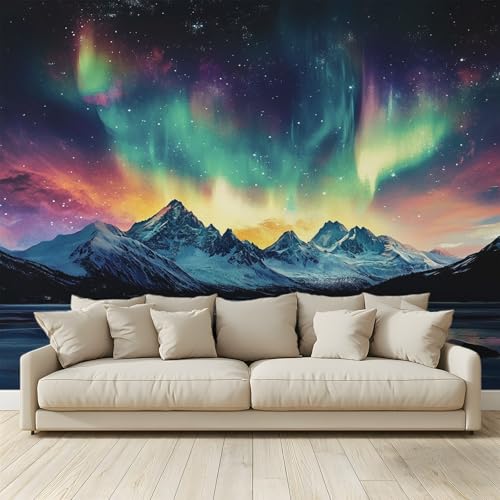 MKBKLI Benutzerdefinierte Wandbild Tapete Nordlicht am Himmel schneebedeckte Berge Fresko Thema Hotel Hochzeit Hintergrund Wand Dekor Foto 250 (B) x 175 (H) cm A75 von MKBKLI