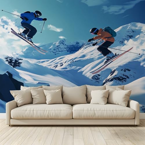MKBKLI Benutzerdefinierte Wandbild Tapete Skifahrer schneebedeckte Berge Fresko Thema Hotel Hochzeit Hintergrund Wand Dekor Foto 200 (B) x 140 (H) cm A95 von MKBKLI