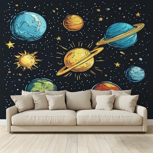 Motivtapete Fototapete Cartoon-Stil Sonnensystem Sternenhimmel Tapete Wandgemälde Vlies Wand Poster Wandbilder Wohnzimmer Schlafzimmer Kinderzimmer Dekoration Moderne Wanddeko 350 (B) x 256 (H) cm von MKBKLI