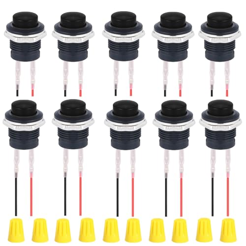 MKBKLLJY 10St. 16mm schwarzer Drucktastenschalter SPST 3A 250V AC/6A 125V AC 2-poliger selbstrückstellender runder Schalter mit verriegelten Anschlussdrähten und Verdrahtungskappe für Auto Boot von MKBKLLJY
